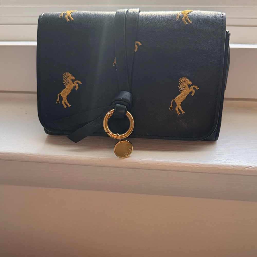 Chloe Black Leather Crossbody with Gold Pony Embroidery